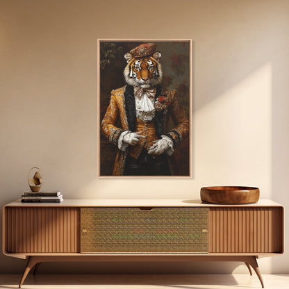 The Dapper Tiger Gentleman Portrait Framed Canvas Print, Whimsical Home Decor, Eclectic Decor, Kitsch Wall Art, Preppy Wall Art, Glam Decor