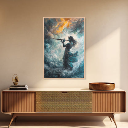 Hindu Art, Radha Krishna Playing Flute Painting Print, Hinduism Wall Art Wood Framed Canvas Print