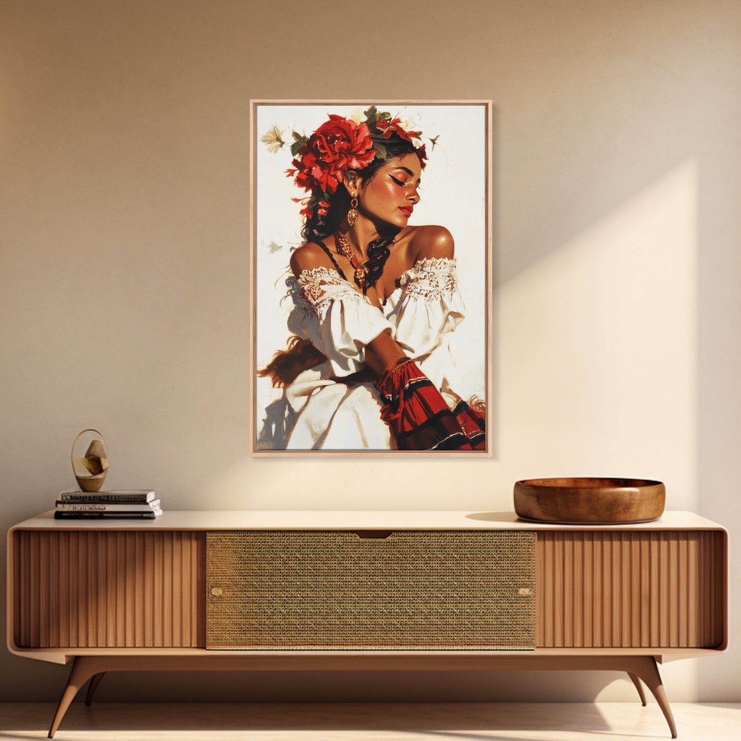 Mexican Floral Latina Portrait Canvas Print, Romatic Mariachi Wall Decor, Southwestern Modern Art, Rustic Mexicano Wall Art, Chicano Painting