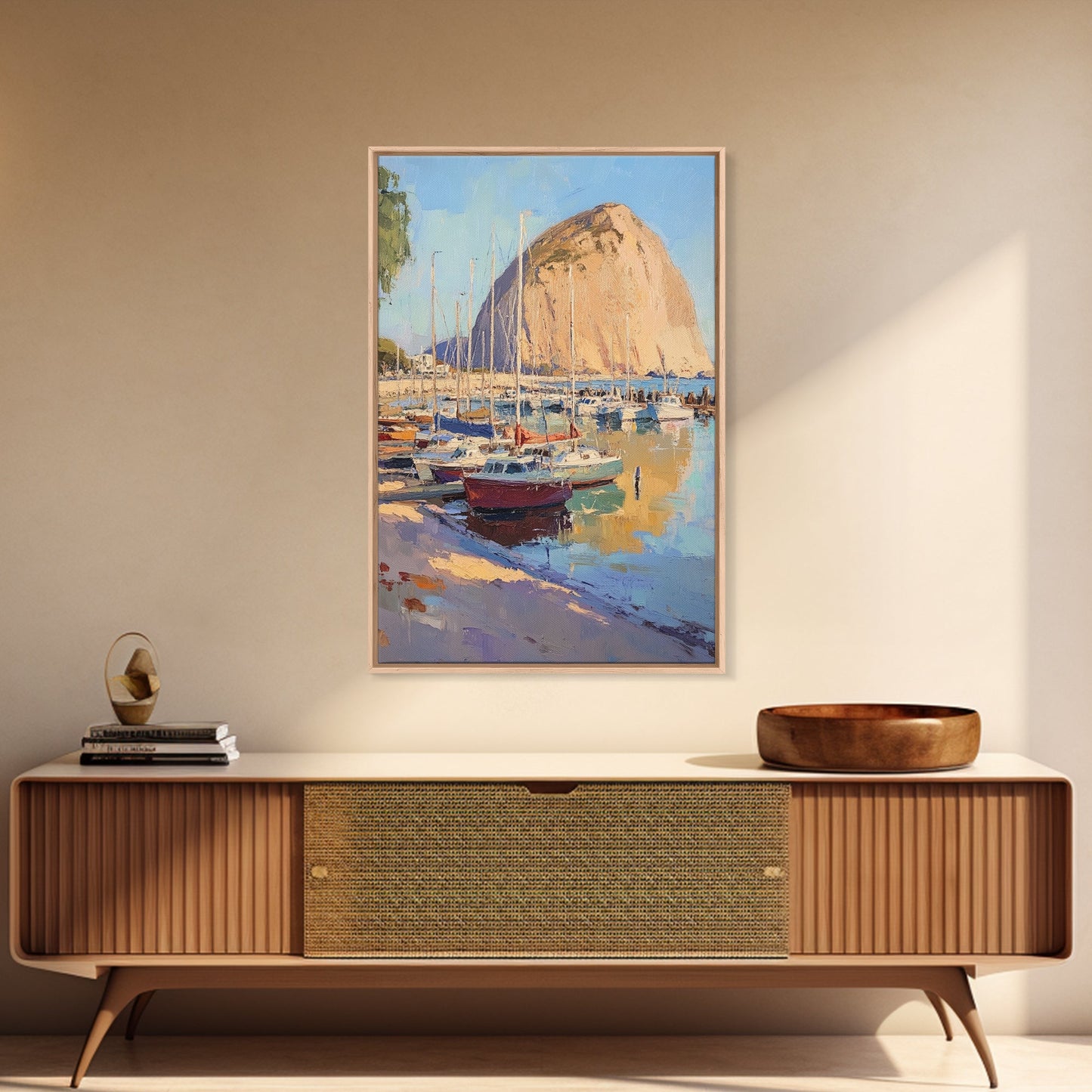 Italian Seaside Village Framed Canvas Print, Sailboat Painting, Italy Painting, Italy Decor, Vacation Gift Idea, Maine Oil Painting, Nautical Home Decor