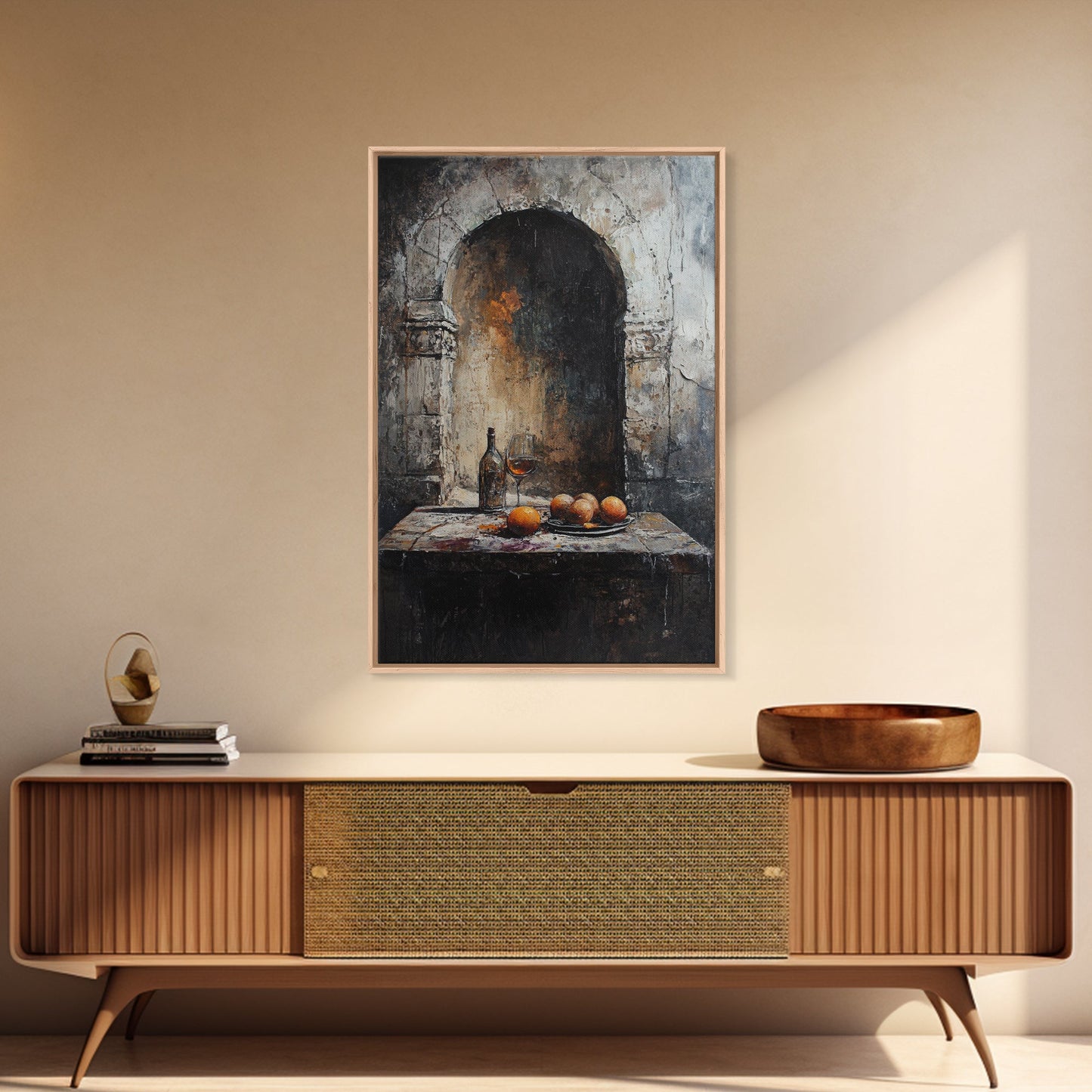 Medieval Kitchen Wall Art, Rustic Home Decor, Framed Canvas Print, Kitchen Home Decor, Dining Room Wall Art, Wine and Fruit Still Life Painting