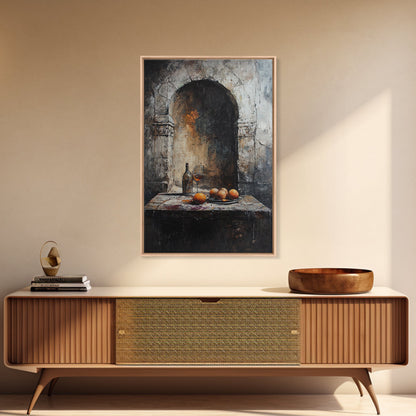 Medieval Kitchen Wall Art, Rustic Home Decor, Framed Canvas Print, Kitchen Home Decor, Dining Room Wall Art, Wine and Fruit Still Life Painting