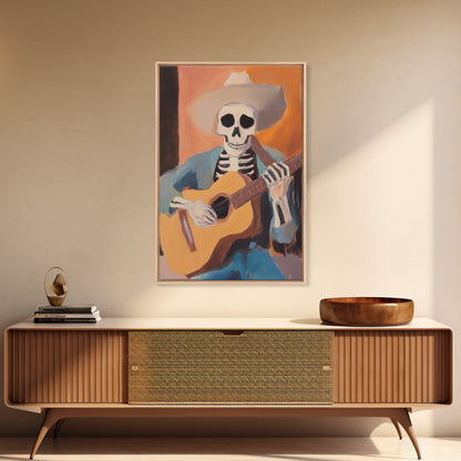 Canvas Print of a Sekelton Cowboy Guitar Player - Chicano Art - Wood Framed Canvas - Original Art