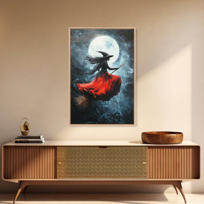 The Witch Rides her Broom under a full moon - Framed Canvas Print - Witchy Decor - Witch Painting - Halloween Wall Art
