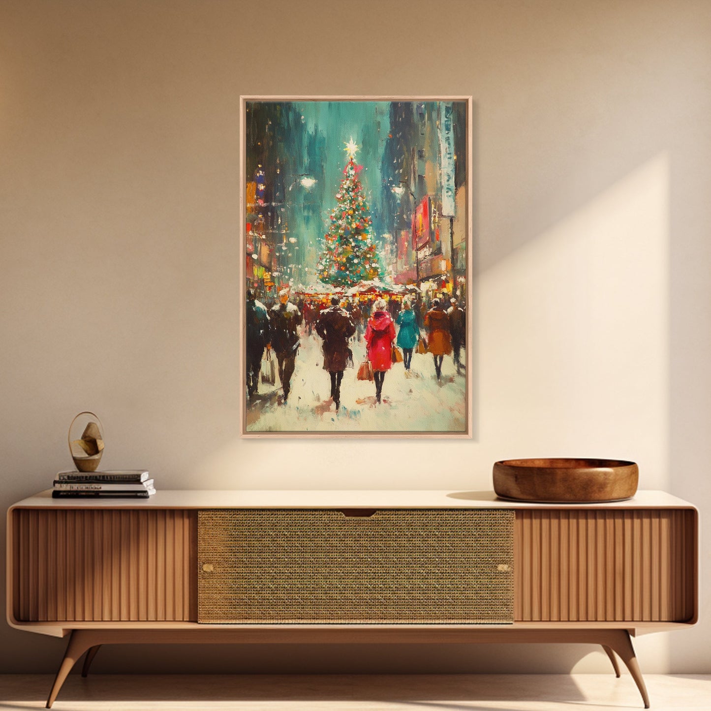 Christmas on The Town Square Framed Canvas Print, Wood Framed Christmas Decor, Holiday Mantle Art, Christmas Centerpiece Wall Art