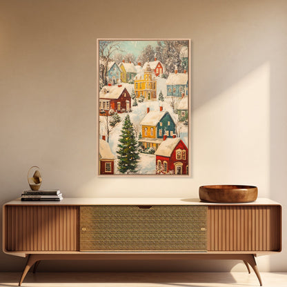 Retro Christmas Village Wall Art For Above Mantle, Framed Canvas Print, Christmas Home Decor, Christmas Wall Art, Christmas Postcard Art