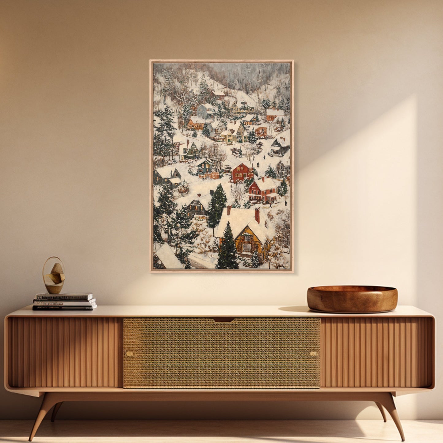 Christmas Village Covered in Snow, Framed Canvas Print, Christmas Oil painting print, Vintage Christmas Art Print, Christmas Wall Art