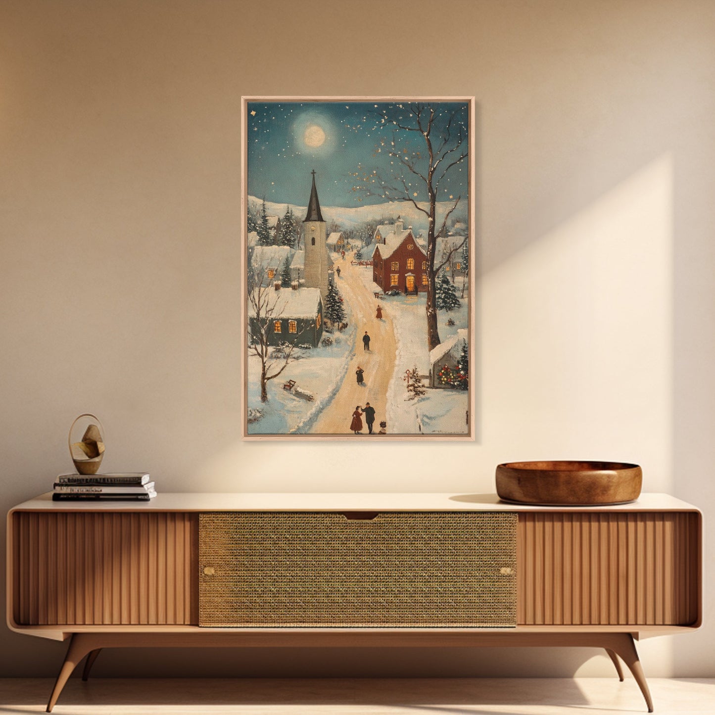 Full Moon on Christmas Even, Framed Canvas Print, Vintage Christmas Oil Painting Print, Christmas Village Wall Art, Christmas Sign, Christmas Art