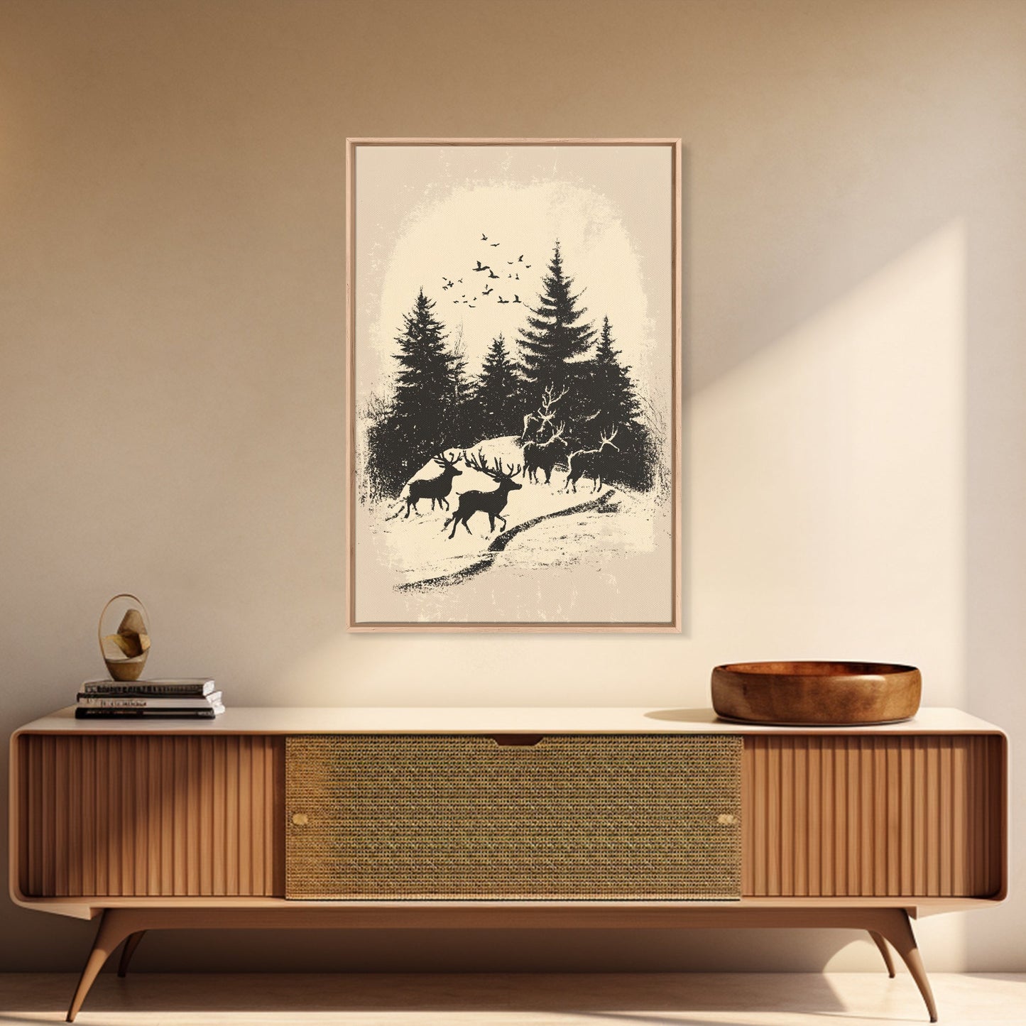 Sketch of Reindeer In The Snow Canvas Print - Framed Canvas - Minimalist Christmas Art - Boho Christmas Art - Rustic Christmas Art