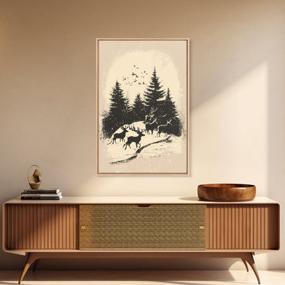 Sketch of Reindeer In The Snow Canvas Print - Framed Canvas - Minimalist Christmas Art - Boho Christmas Art - Rustic Christmas Art
