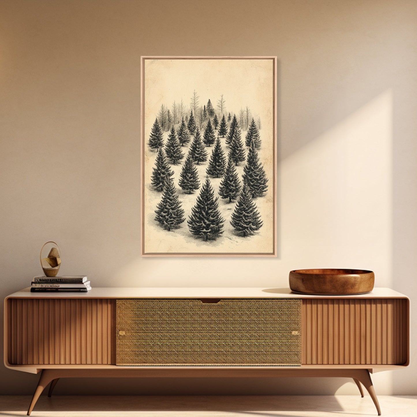 Christmas Tree Farm Art Canvas Print - Framed Canvas - Minimalist Christmas Art - Boho Christmas Art - Rustic Christmas Art