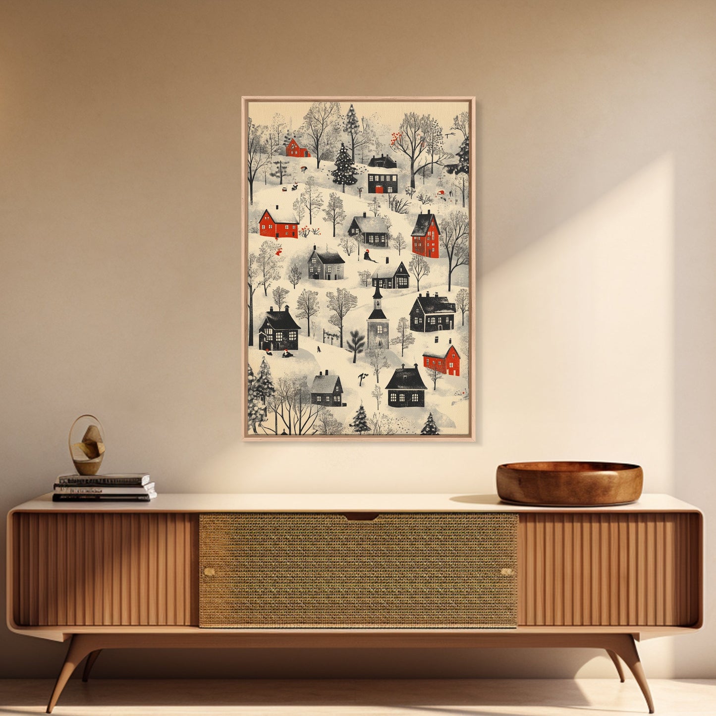 Sketch of a Christmas Village Canvas Print - Framed Canvas - Minimalist Christmas Art - Boho Christmas Art - Rustic Christmas Art