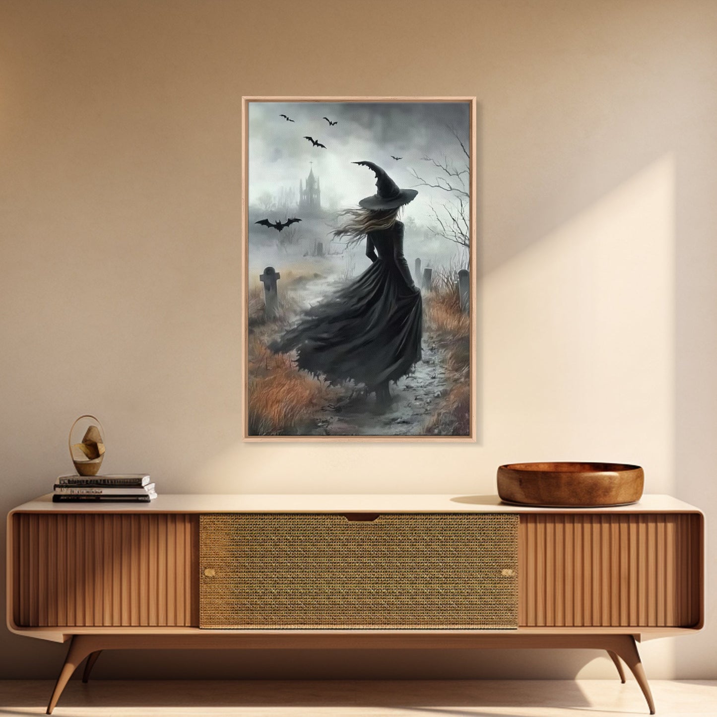 Gothic Oil Painting Print Of a Witch in a Grave Yard, Framed Canvas Print, Dark Academia, Gothic Art, Goth Decor, Halloween Wall Art