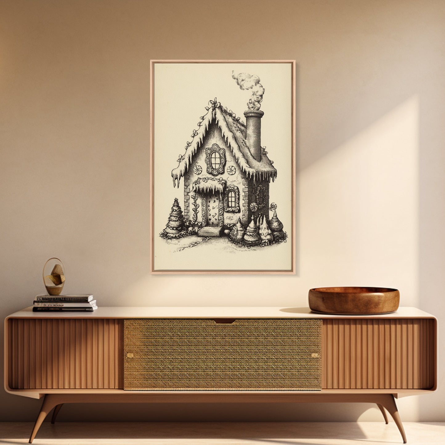 Vintage Gingerbread House Canvas Print - Framed Canvas - Minimalist Christmas Art - Boho Christmas Art - Rustic Christmas Art