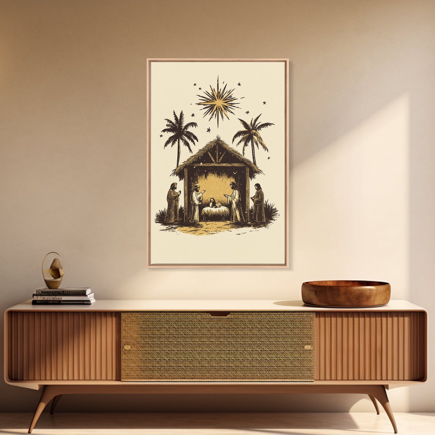 Vintage Nativity Scene Canvas Print - Framed Canvas - Minimalist Christmas Art - Boho Christmas Art - Rustic Christmas Art