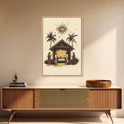 Vintage Nativity Scene Canvas Print - Framed Canvas - Minimalist Christmas Art - Boho Christmas Art - Rustic Christmas Art