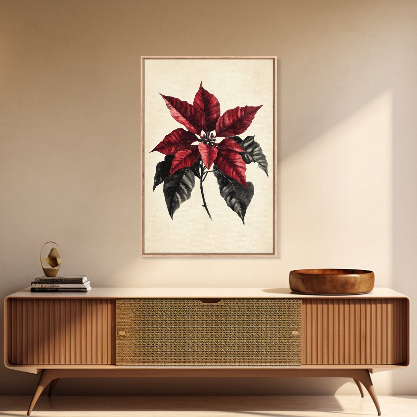 Christmas Poinsetta Canvas Print - Framed Canvas - Minimalist Christmas Art - Boho Christmas Art - Rustic Christmas Art