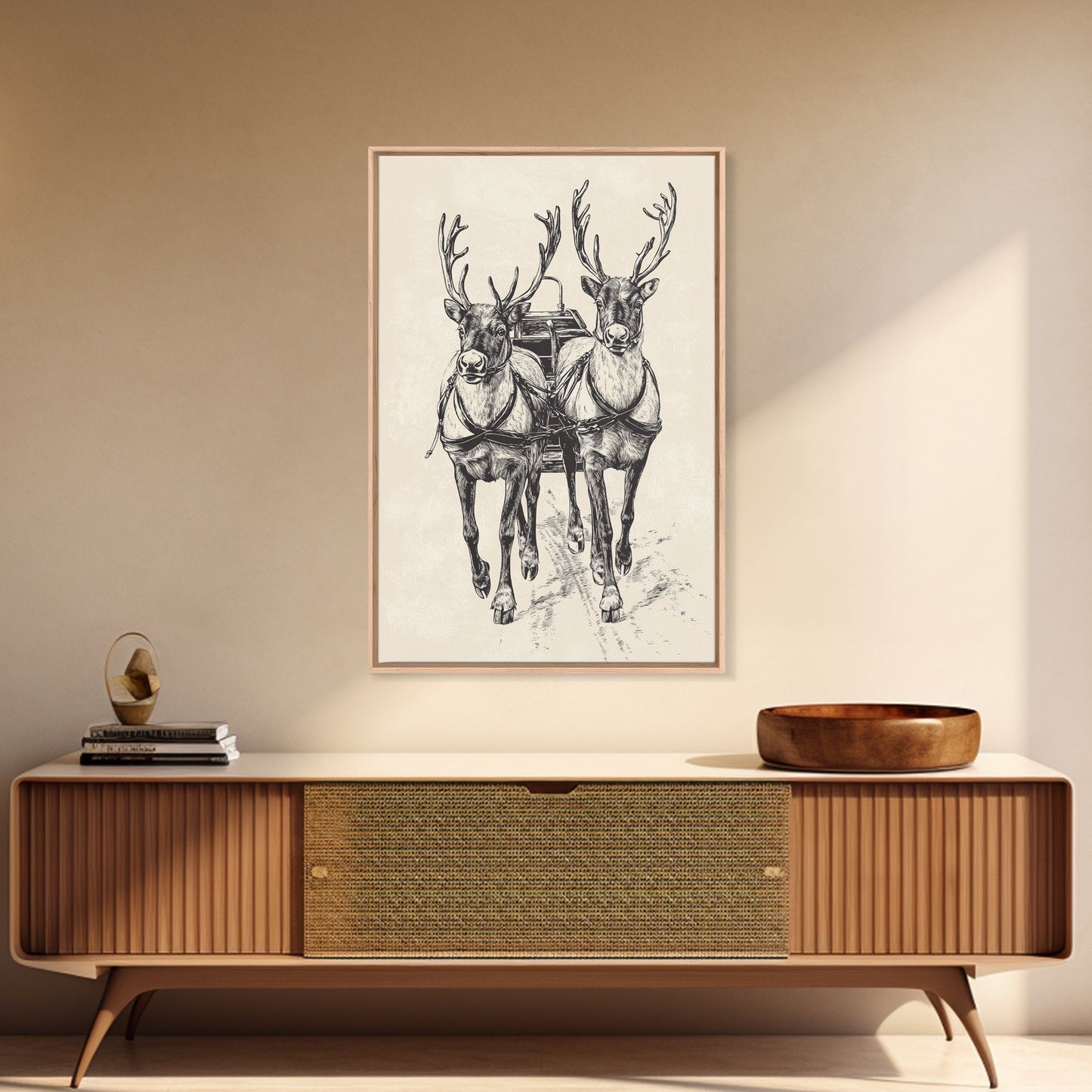 Santa's Sleigh Canvas Print - Framed Canvas - Minimalist Christmas Art - Boho Christmas Art - Rustic Christmas Art