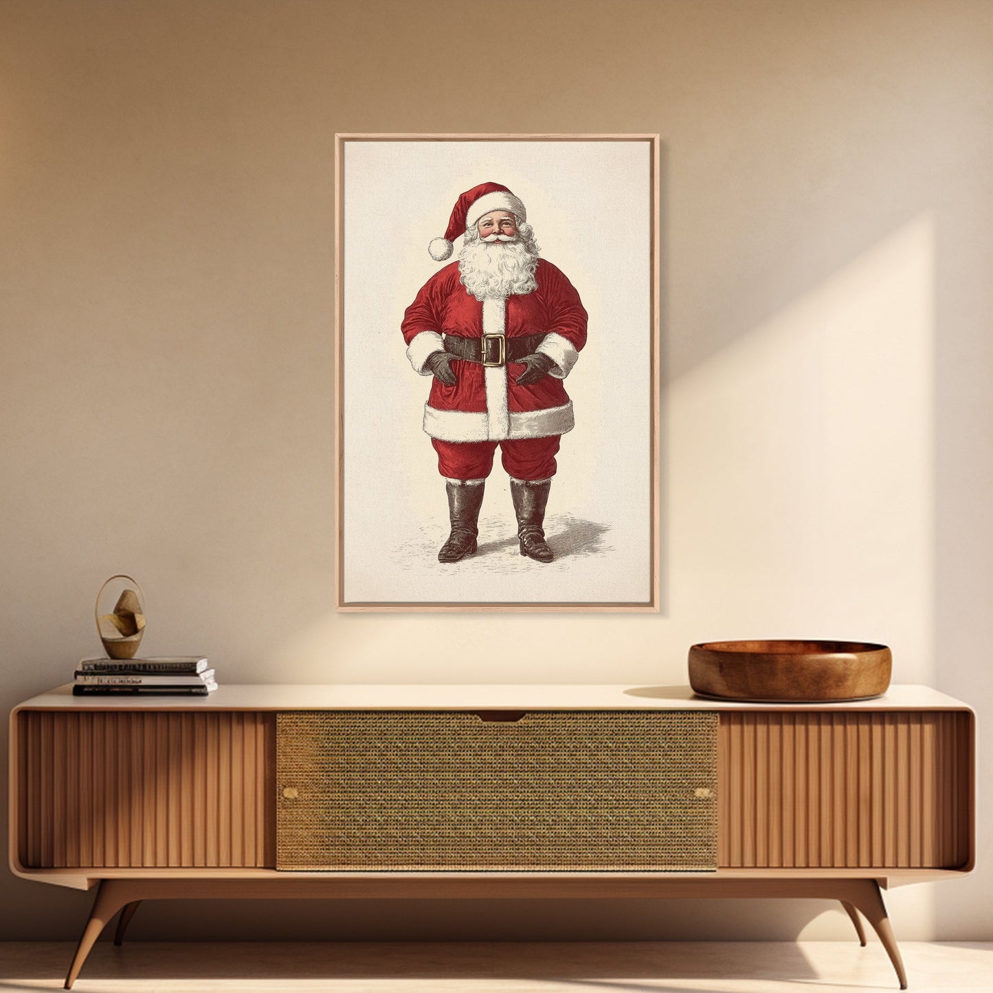 Cheerful Santa Clause Canvas Print - Framed Canvas - Minimalist Christmas Art - Boho Christmas Art - Rustic Christmas Art