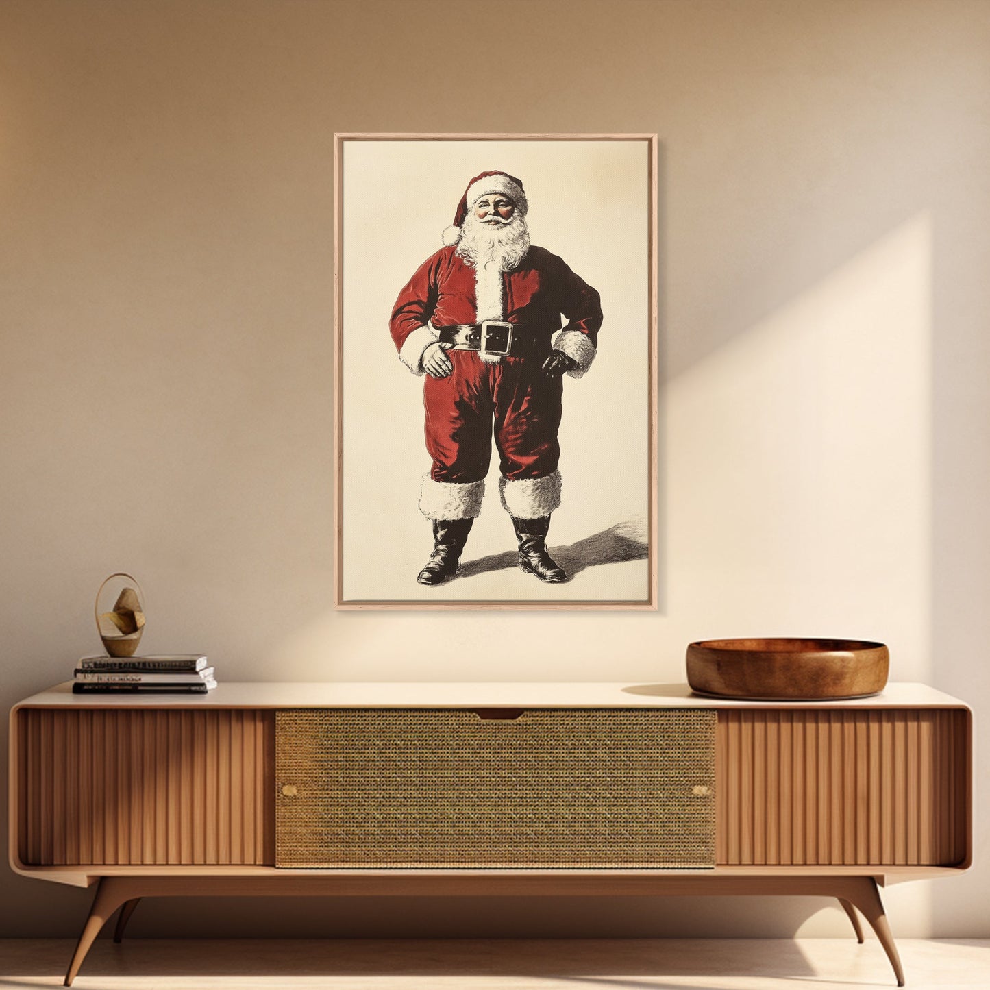 Vintage Santa Clause Canvas Print - Framed Canvas - Minimalist Christmas Art - Boho Christmas Art - Rustic Christmas Art