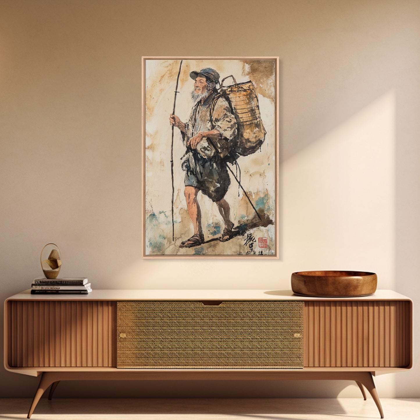 Japanese Fisherman Painting Print, Wabi Sabi Wall Art, Japanese Style Home Decor, Japanese Wood Block Print Style Art