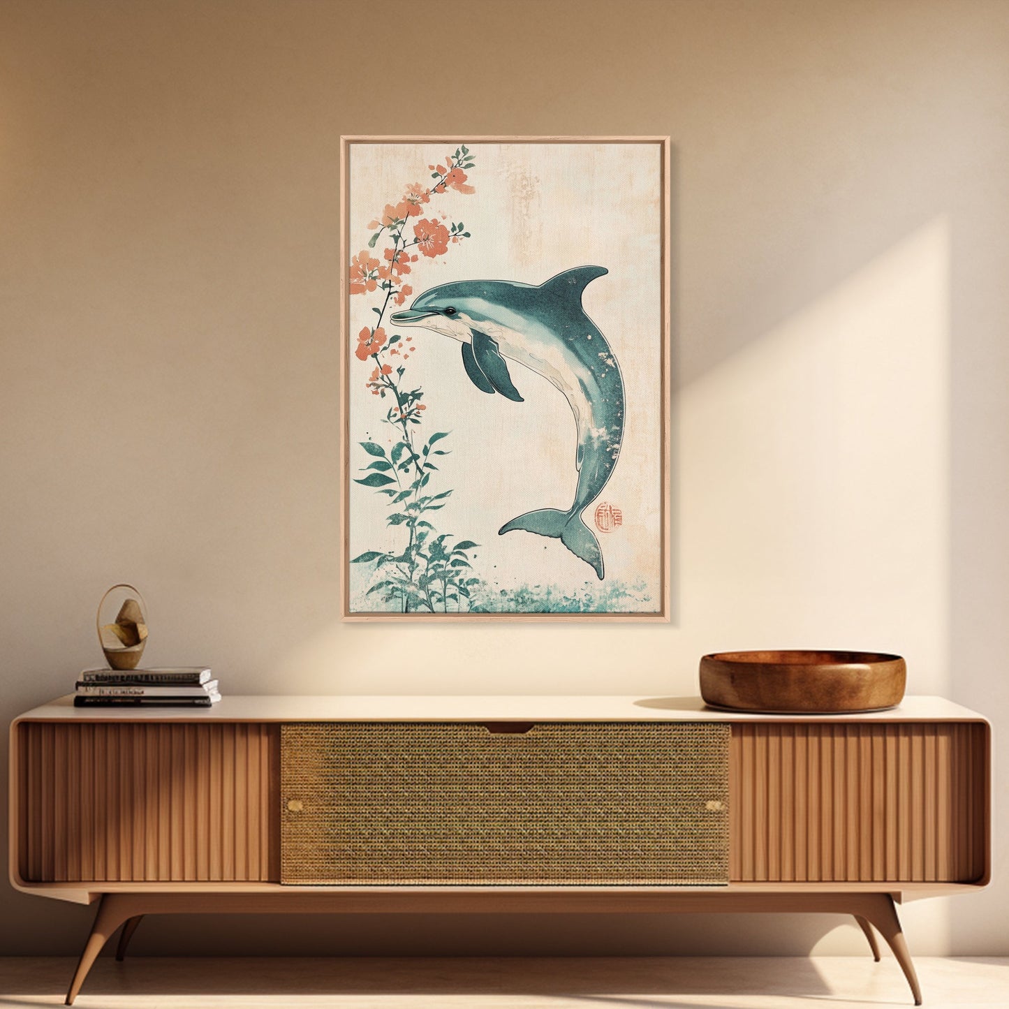 Cherry Blossoms and Dolphins, Framed Canvas Print, Home Decor, Wabi Sabi Dolphin Painting, Minimalist Decor, Living Room Art, Bedroom Art
