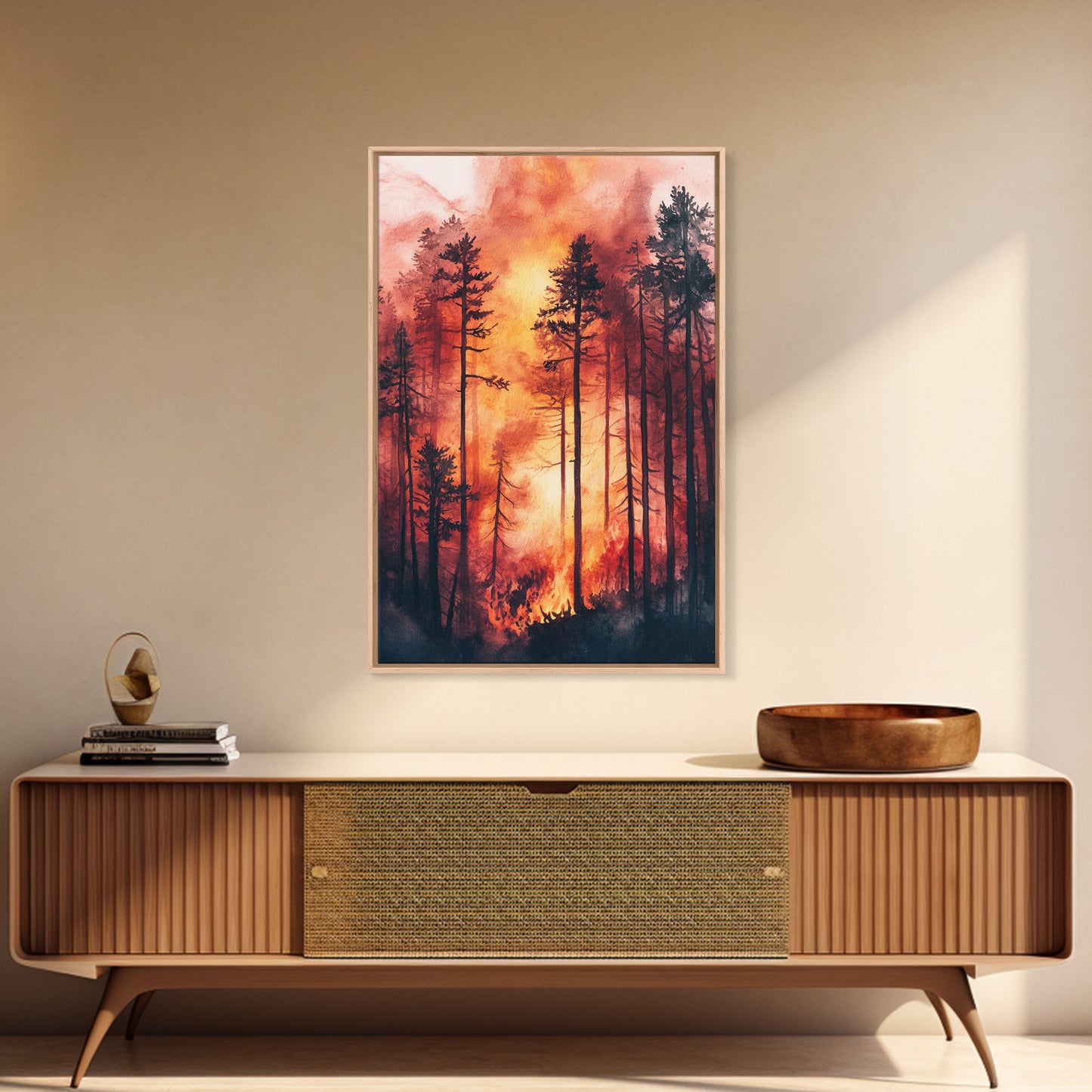 Ready to Hang Watercolor Painting Print of a Forest Fire, Beautiful Wall Art, Forest Fire Natural Disaster Wall Art, California Wall Art