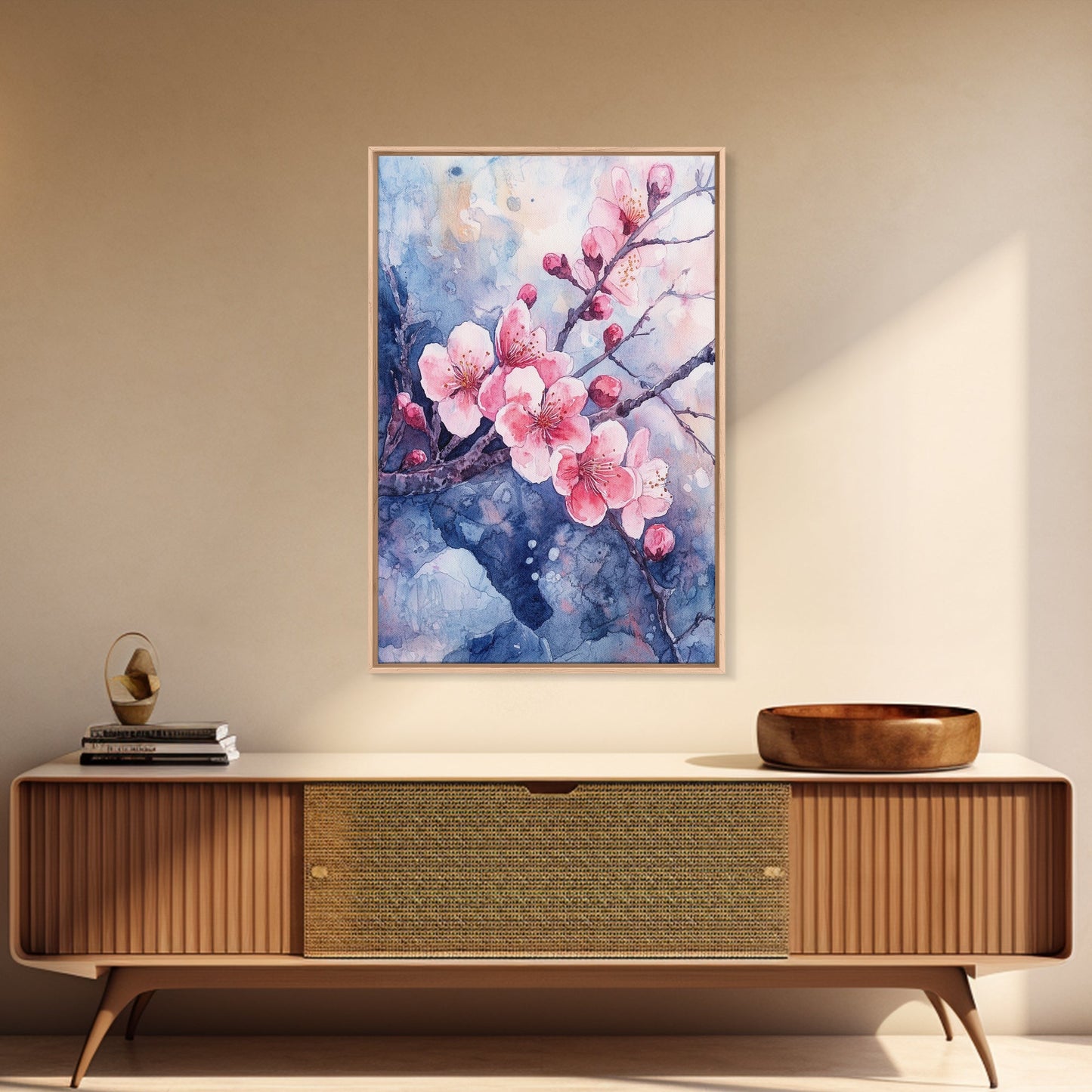 Cherry Blossoms Wall Art, Framed Canvas Print, Ready To Hang, Boho Decor, Minimalist Cherry Blossom Painting, Home Decor Living Room
