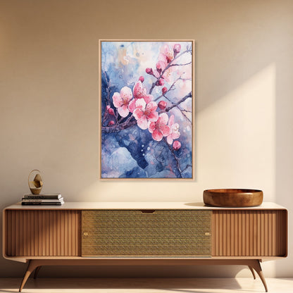 Cherry Blossoms Wall Art, Framed Canvas Print, Ready To Hang, Boho Decor, Minimalist Cherry Blossom Painting, Home Decor Living Room