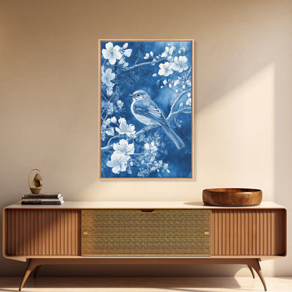 Blue Botanial Wall Art Chinoiserie Wall Art, White Bird, Blue Chinoiserie Home Decor, Botanical Print, Bird Painting, Ready To Hang