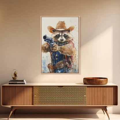 Rootin' Tootin' Racoon Cowboy, Framed Canvas Print, Ready to Hang, Racoon Painting