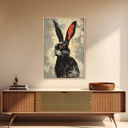 The Black Bunny, Framed Canvas Print Ready To Hang, Bunny Rabbit Art, Rabbit Painting, Minimalist Japanese Style Art
