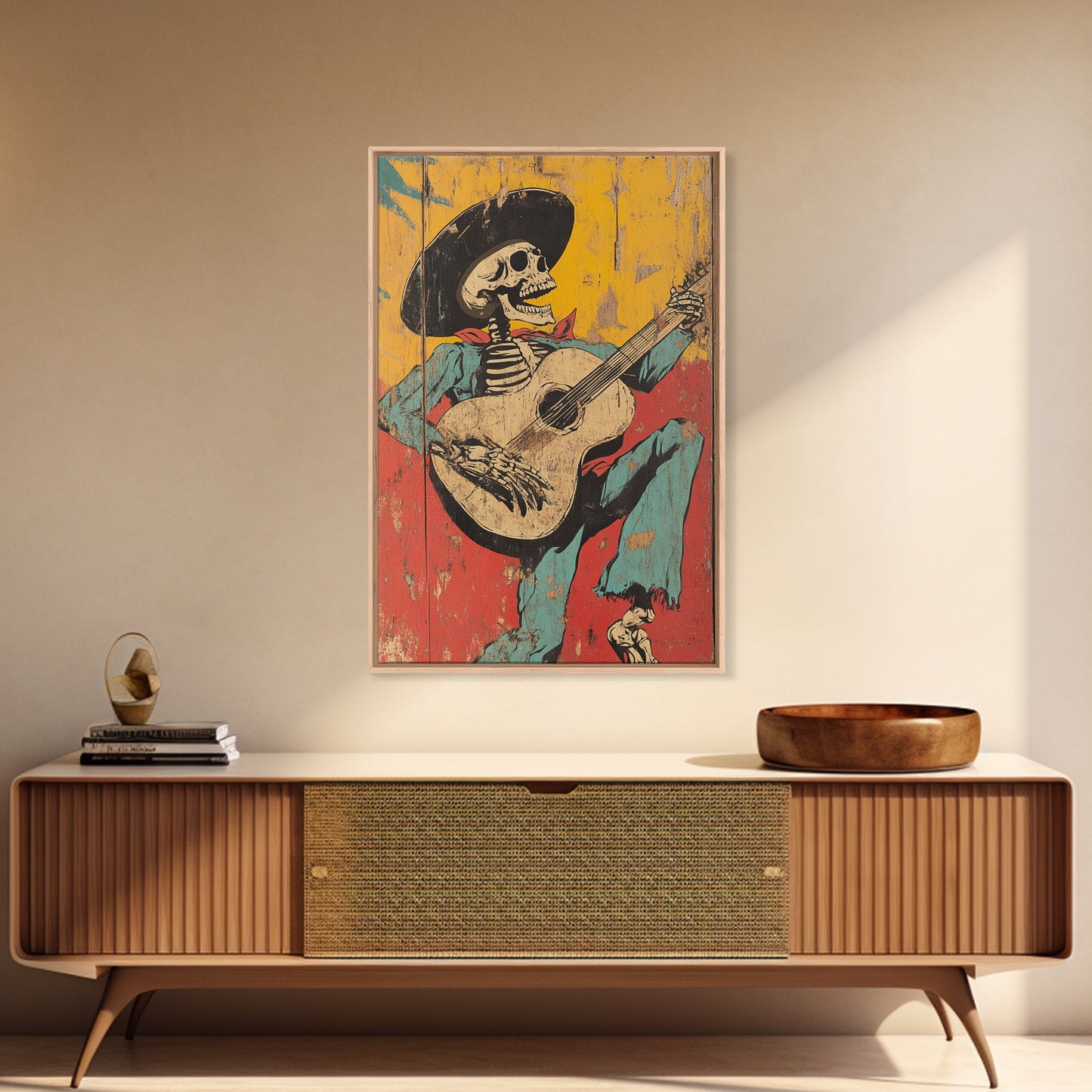 Haunted Skeleton Vaquero Cowboy Framed Canvas Print, Chicano Art, Mexican Home Decor, Mexican Wall Art