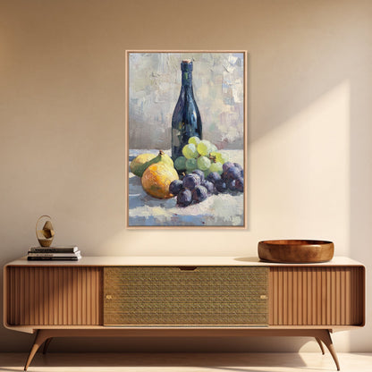 Still Life Of Grapes and Wine, Framed Canvas Print, Antique Style Fruit Still Life Oil Painting Print, Kitchen Decor, Rustic Farmhouse Kitchen Art