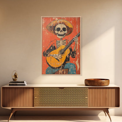Arte Mexicano - Framed Canvas Print - Chicano Art - Skeleton Vaquero playing a guitarra, Mexican Inspired Wall Art, Southwestern Art