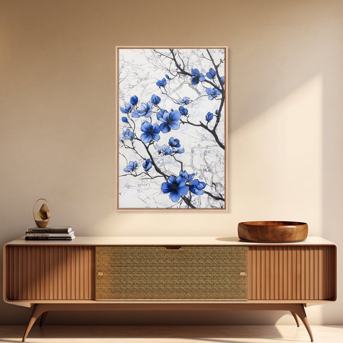 Wabi Sabi Wall Art Framed Canvas Print, Chinoiserie Wall Art, Chinoiserie Style Home Decor, Blue Flower Floral Print Wall Decor