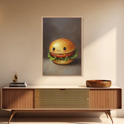 Kawaii Hamburger Canvas Print, Cute Hamburger Painting, Veggie Burger, Kawaii Wall Art, Kawaii Decor