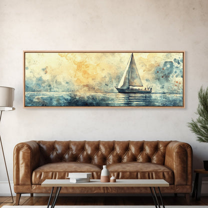 Sailboat on a Calm Sea Framed Canvas Print, Nautical Home Decor, Nautical Landscape Painting, Beach Decor, Abstract Wall Art