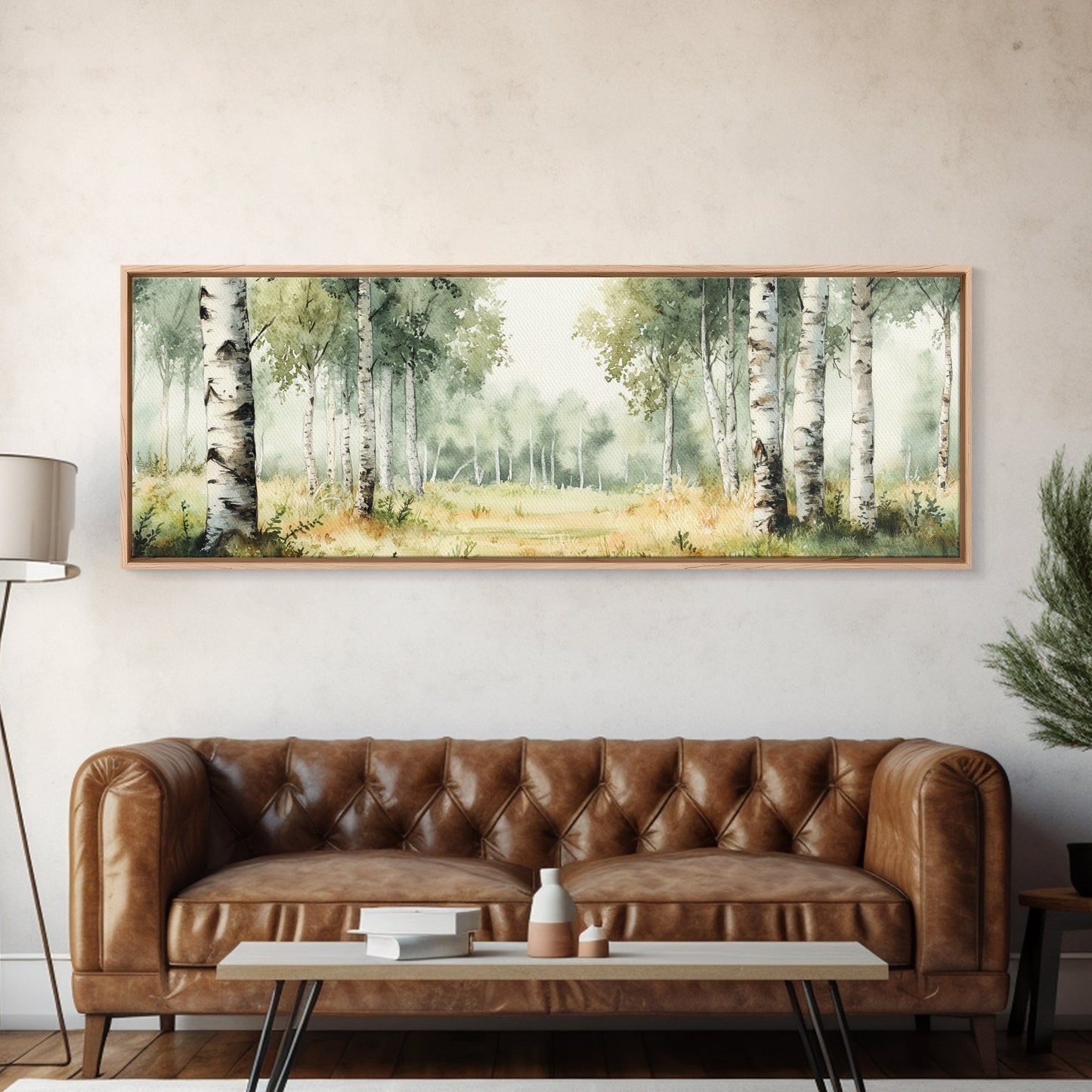 Silver Birch Trees in Spring Panoramic Canvas Print, Panoramic Painting, Aspen Trees Painting, Forest Landscape Horizontal Wall Art