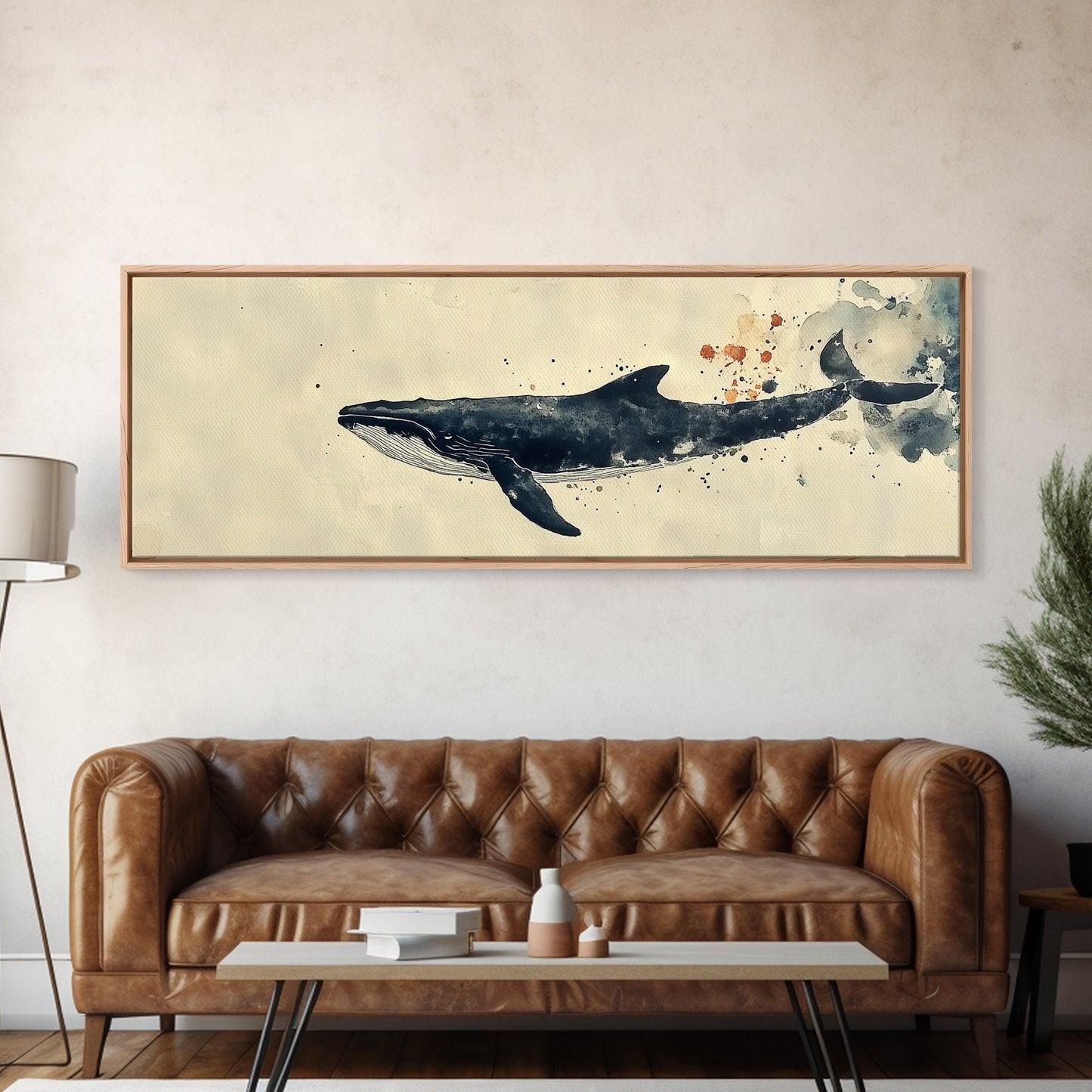 Humpback Whale Wall Art on Canvas - Framed Wall Art - Large Panoramic Gallery Wrapped Canvas Ready To Hang - Wabi Sabi Whale Print
