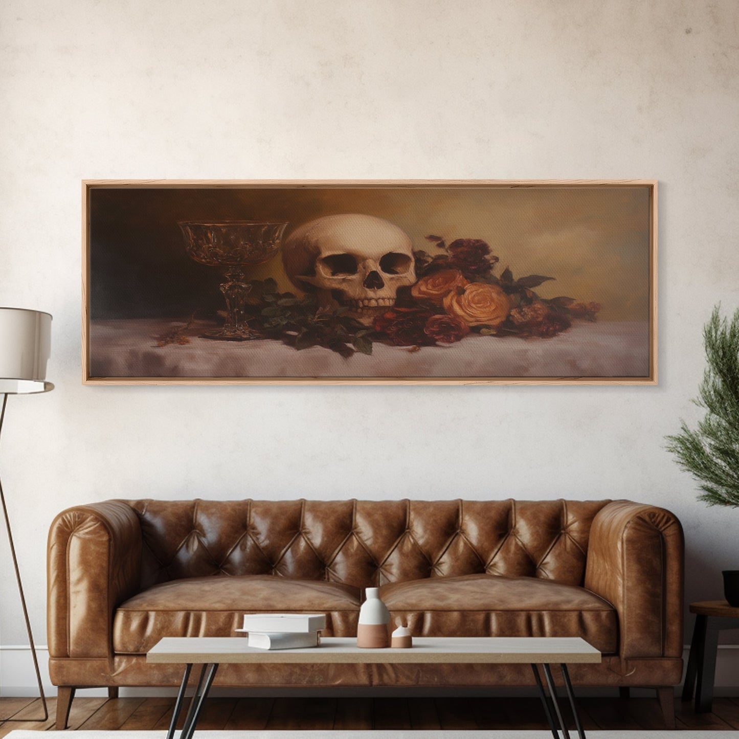 Skull and Flowers Canvas Print, Panoramic Goth Art, Extra Wide Wall Art, Goth Home Decor, Wide Art, Gothic Dark Academia Witchy Wall Art