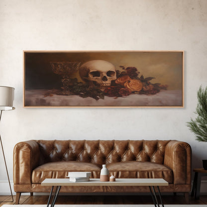 Skull and Flowers Canvas Print, Panoramic Goth Art, Extra Wide Wall Art, Goth Home Decor, Wide Art, Gothic Dark Academia Witchy Wall Art
