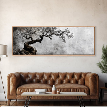 Black and White Bonzai Tree Framed Canvas Print, Wabi Sabi Japanese Style Home Decor, Minimalist Art, Moody Decor, Moody Art