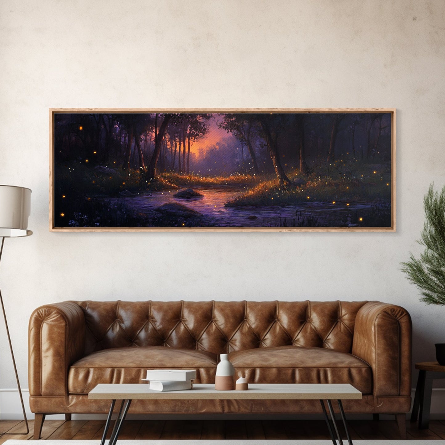 Panoramic Fantasy Forest Canvas Print, Fireflies Light Up The Night Sky in A Fantasy Forest,  Fantasy Painting