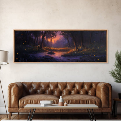 Panoramic Fantasy Forest Canvas Print, Fireflies Light Up The Night Sky in A Fantasy Forest,  Fantasy Painting