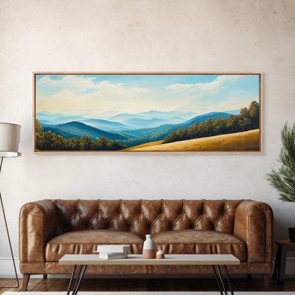 Blueridge Mountains Framed Canvas Print, Blue Ridge Mountains Painting, Panoramic Landscape Painting, Horizontal Wall Decor