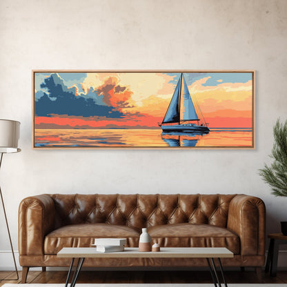 Retro Sailboat Painting Print Framed Canvas - Pop Art Sailboat Painting - Sailboat Wall Art - Nautical Landscape Ocean Painting - Home Decor