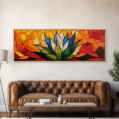 Stained Glass Style Blue Agave Wall Art Canvas Print, Mexicano Wall Art, Panoramic Southwestern Home Decor, Modern Farmhouse Rustic Art