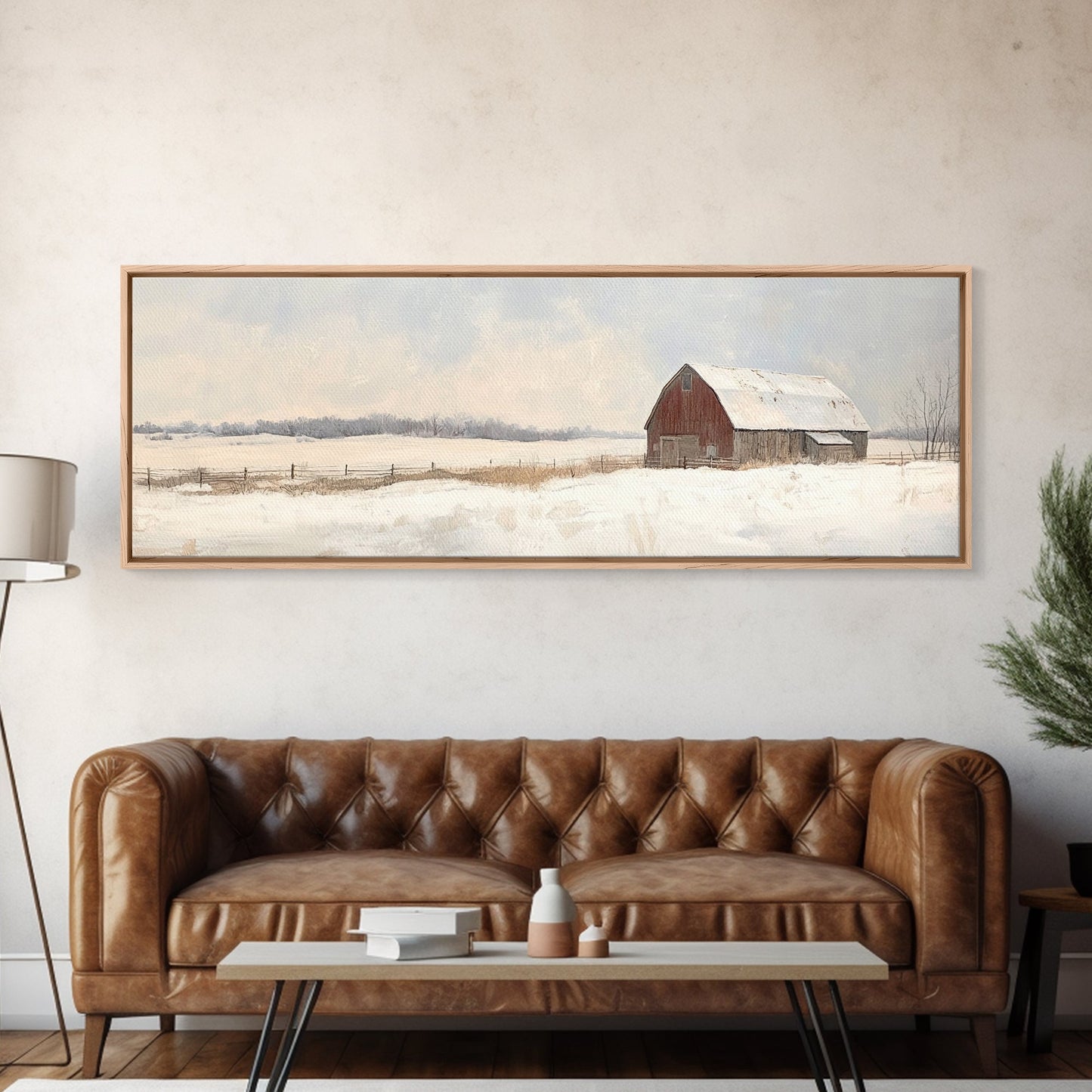 Barn Landscape Oil Painting Print - Retro Farm Wall Art - Village Wall Art - Old Red Barn In Winter - Winter Landscape - Winter Centerpiece Art