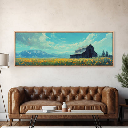 Old Barn In The Spring, Framed Canvas Print, Rustic Farmhouse Decor, Modern Farmhouse, Barn in Field of Wild Flowers, Farm House Art